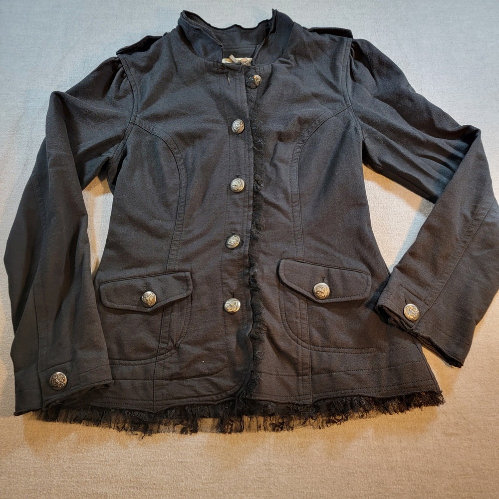 Nick & Mo Military Jacket Womens S Black Excellent Lace Trim Victorian Crest 770